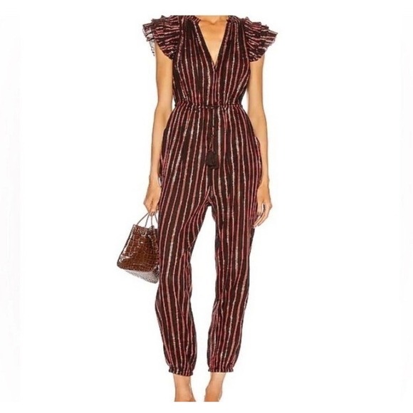 Ulla Johnson Brown Striped Metallic-Trim Ruffle Shoulder Jumpsuit - Picture 2 of 16